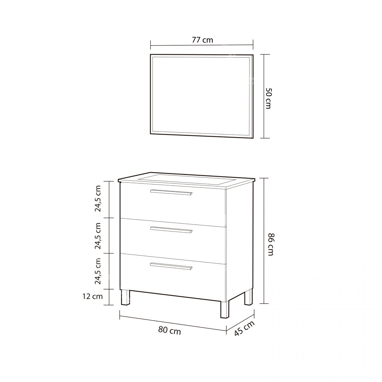 Dibujo de un mueble de baño con tres cajones y un espejo con medidas.