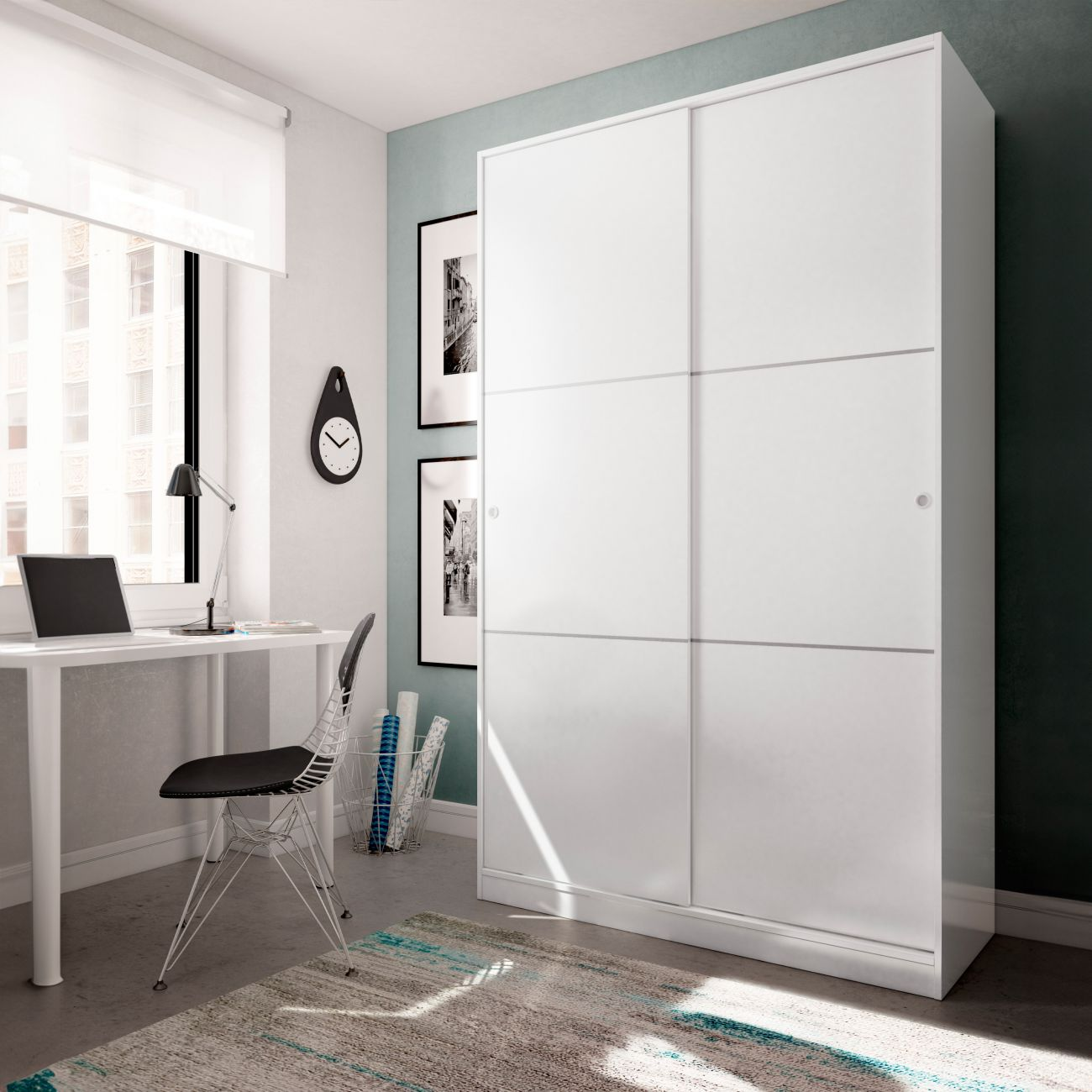 Un dormitorio moderno con armario blanco, escritorio, silla y ventana.