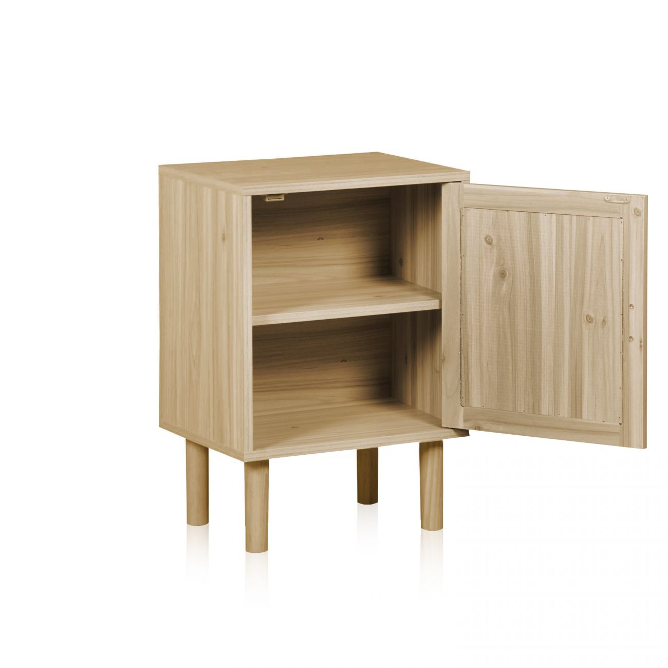 Un armario de madera abierto con dos estantes y cuatro patas.