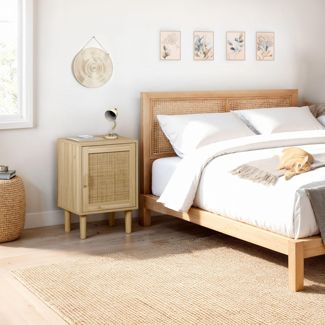 Un dormitorio con un gato en la cama, una mesita de noche de madera y ratán y arte decorativo.