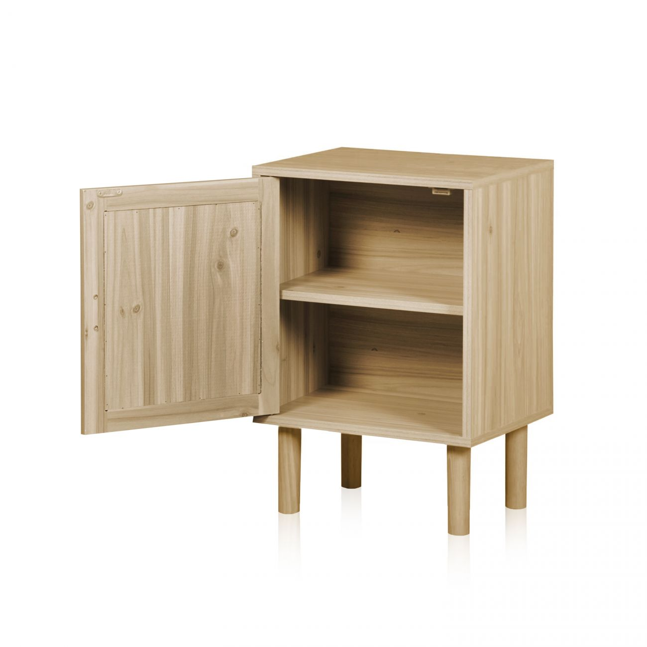 Un mueble de madera marrón claro con puerta abierta y dos estantes.