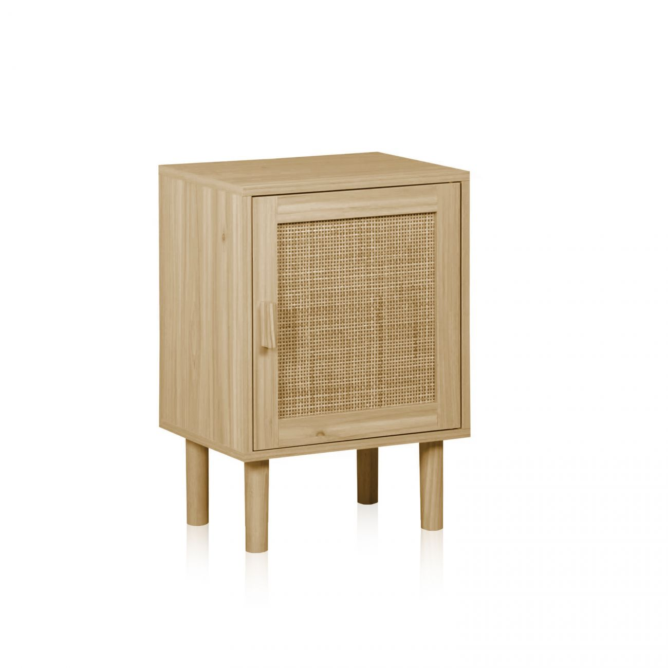 Una mesita de noche de madera con panel de puerta tejido y cuatro patas.