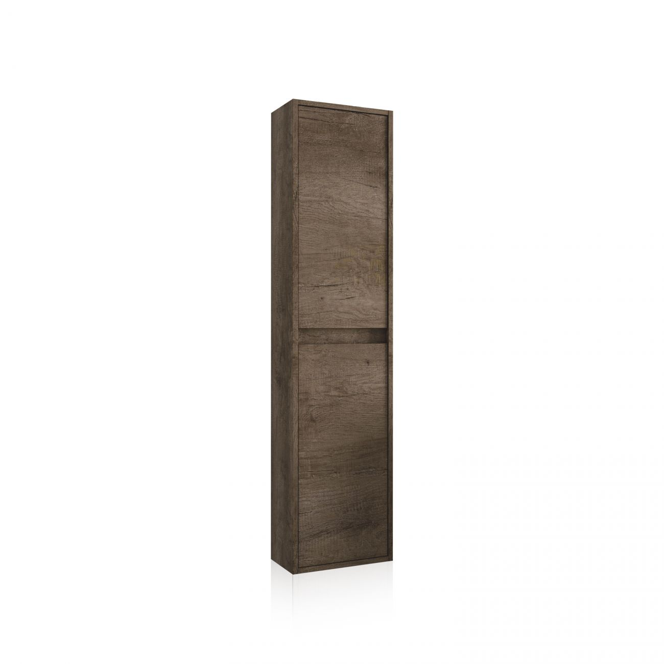 Un armario alto y estrecho en efecto madera oscura con una división horizontal.