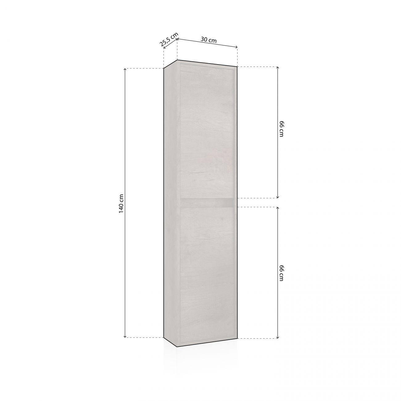 Un armario alto y estrecho de madera gris claro. Dimensiones: 140x30x25,5 cm.