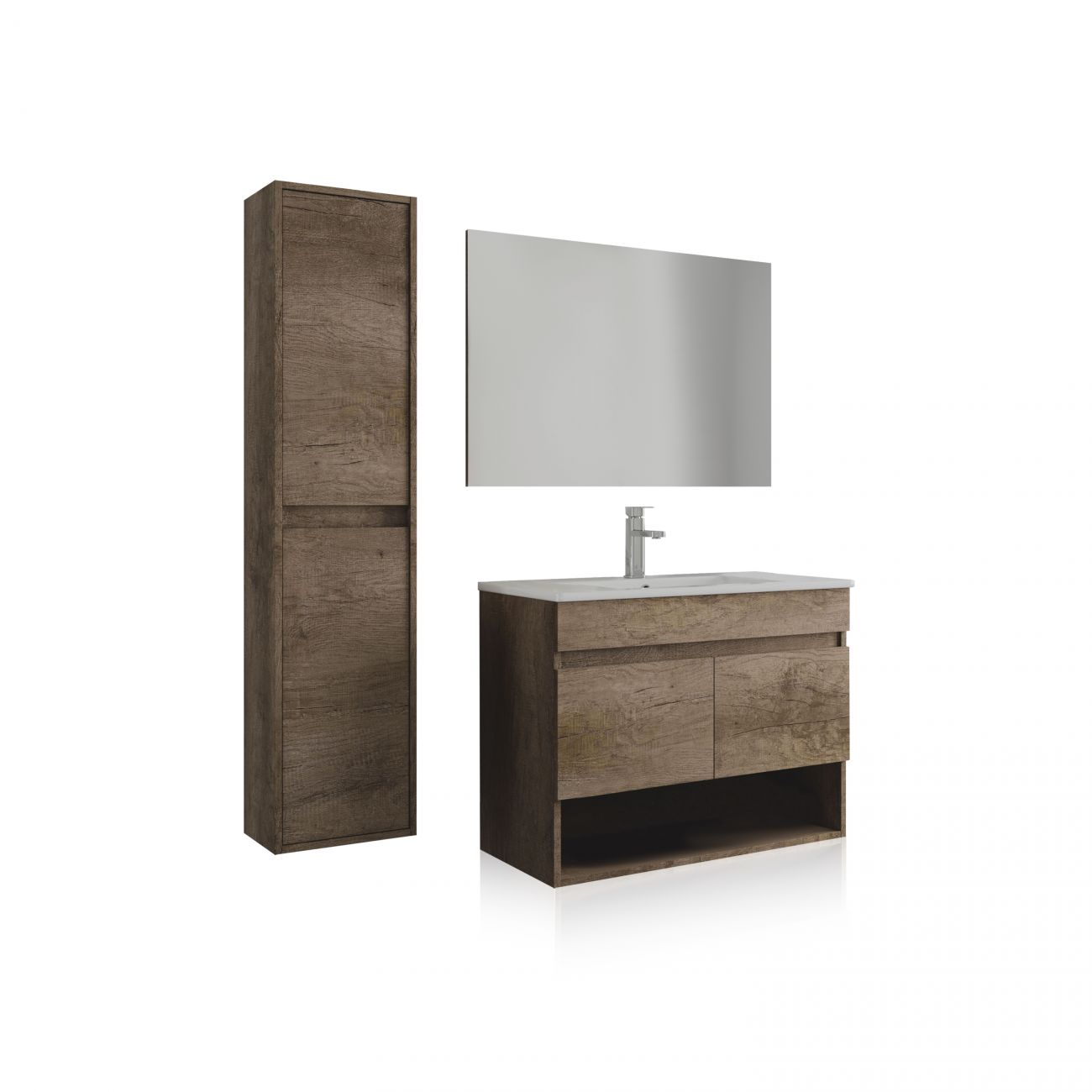 Un mueble de lavabo con veta de madera, espejo y un mueble alto.