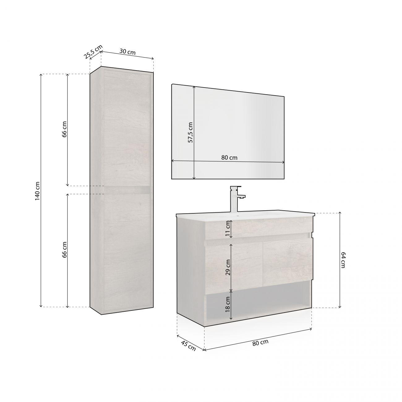 Muebles de baño con dimensiones: armario alto 30x25,5x140cm, mueble lavabo 80x45x64cm, espejo 80x57,5cm.