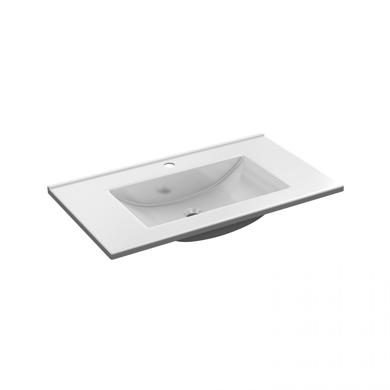 Un lavabo blanco con superficie plana y cubeta ovalada.