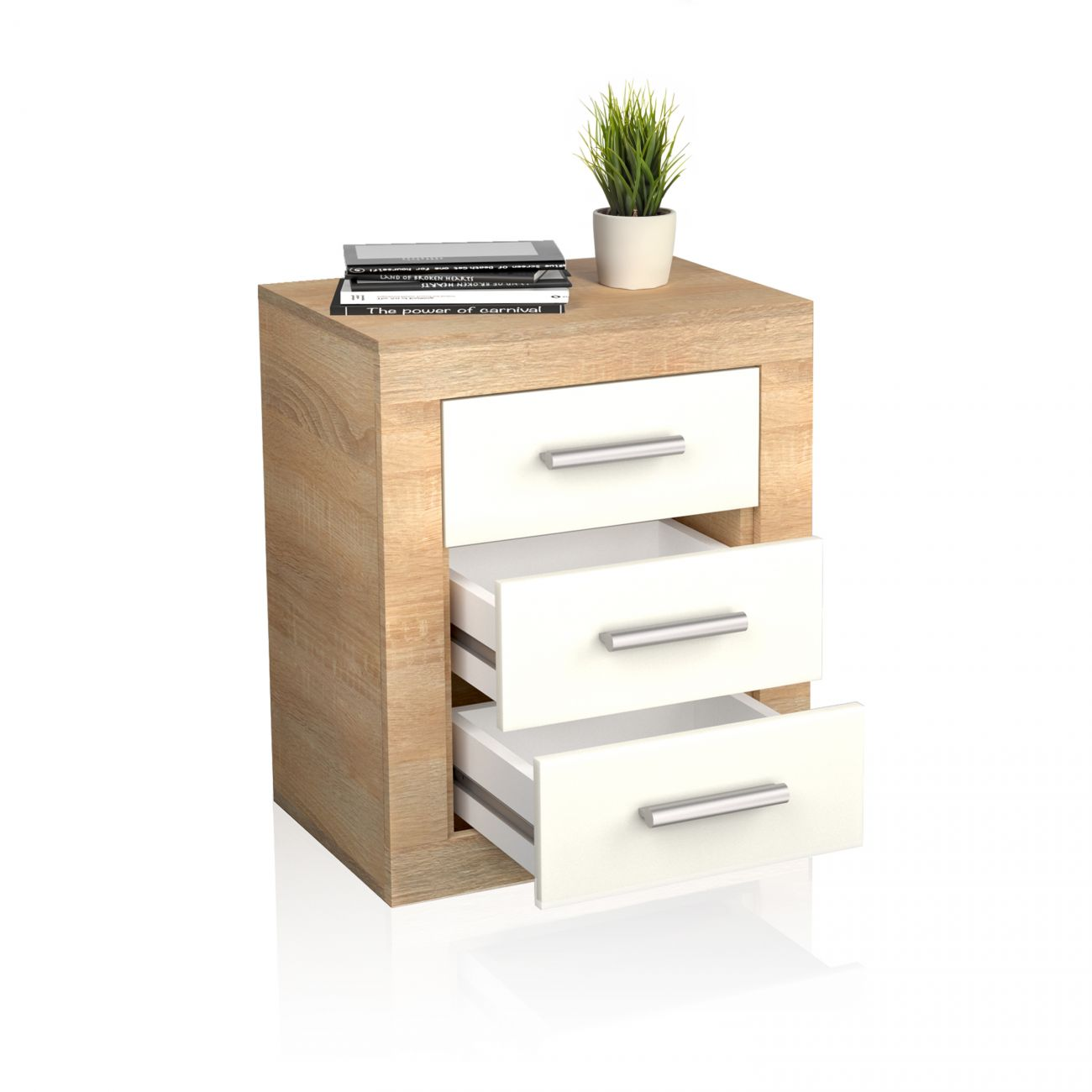 Una mesita de noche de madera con cajones blancos, libros y una planta.