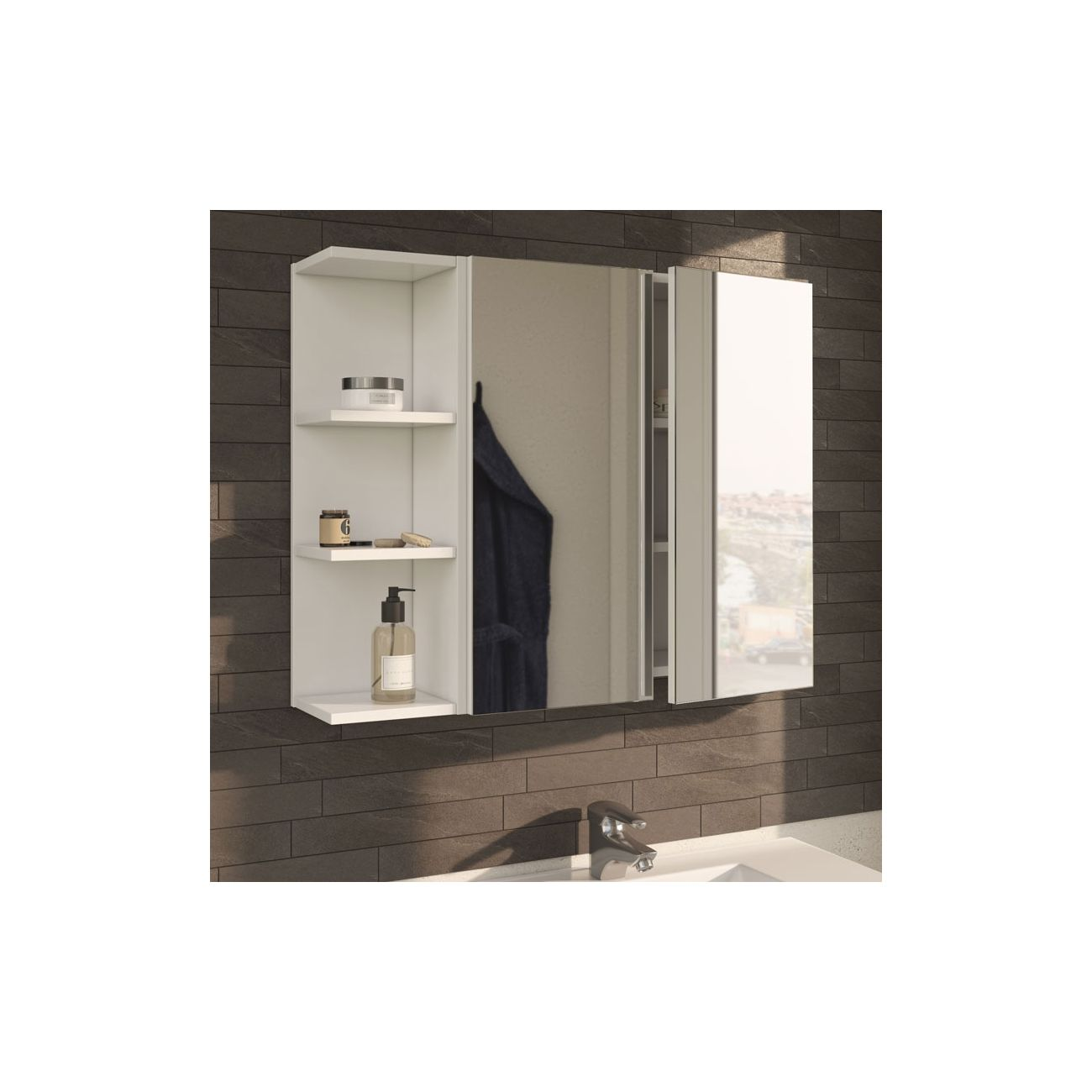 Un botiquín blanco con estantes sobre un lavabo y pared oscura.