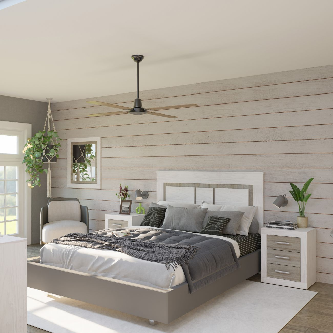 Un dormitorio moderno con cama gris y blanca, sillón gris y paredes de tablones de madera.
