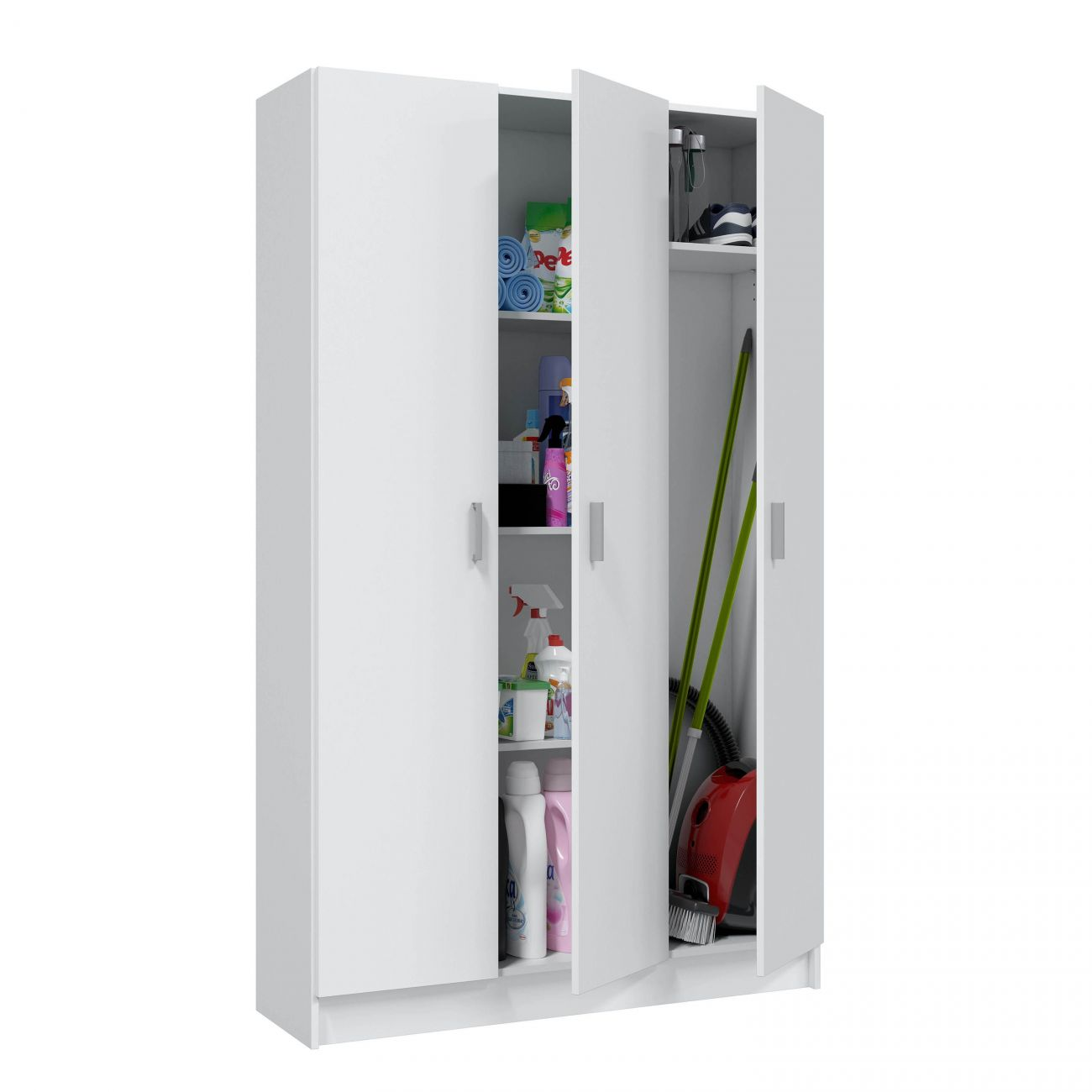 Un armario blanco con puertas abiertas, lleno de productos de limpieza, toallas y herramientas.