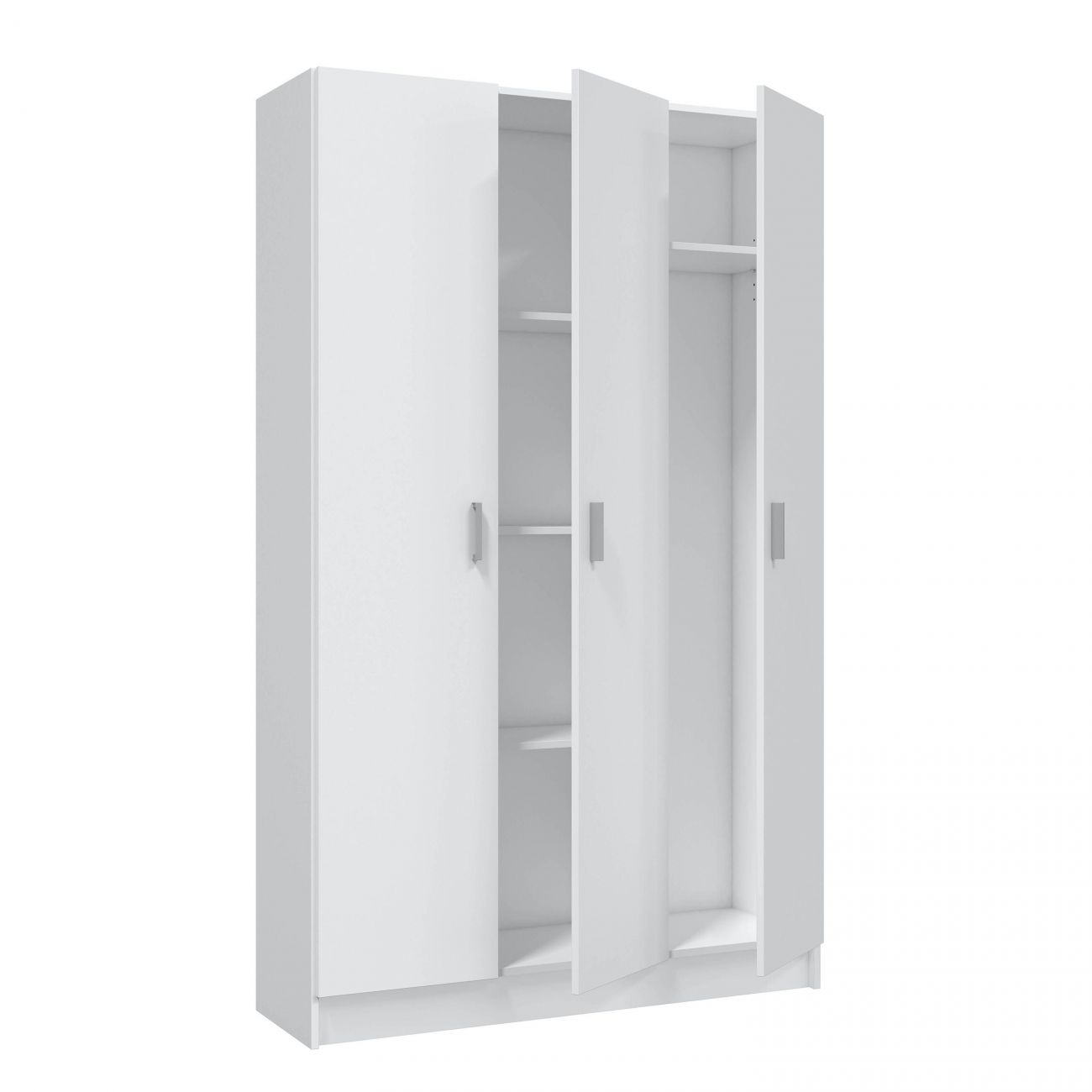 Un armario blanco de tres puertas, dos de ellas abiertas.