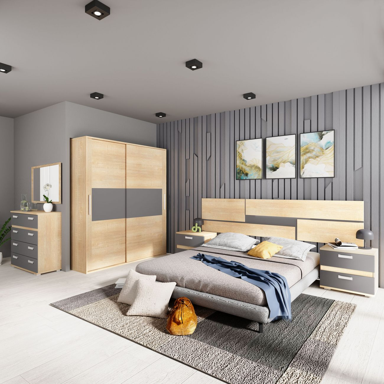 Dormitorio moderno con cama de madera, armario, cómoda y arte de pared.