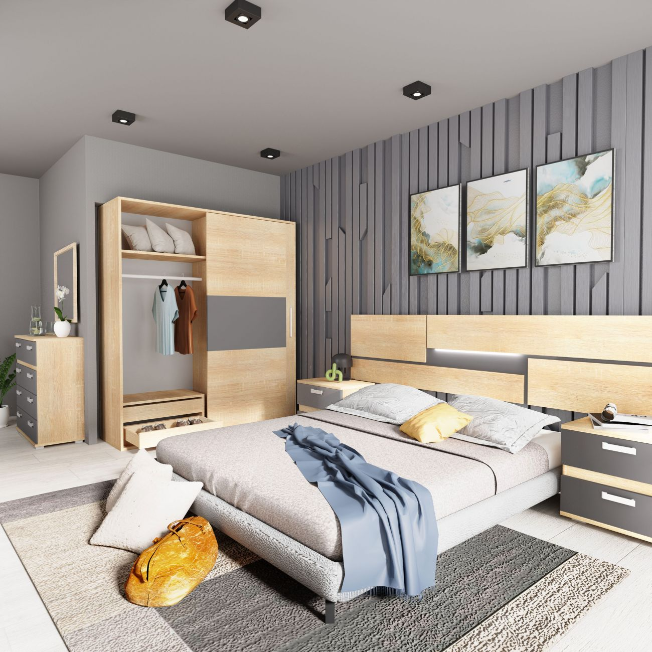 Un dormitorio moderno con cama, armario, mesitas de noche y decoración.