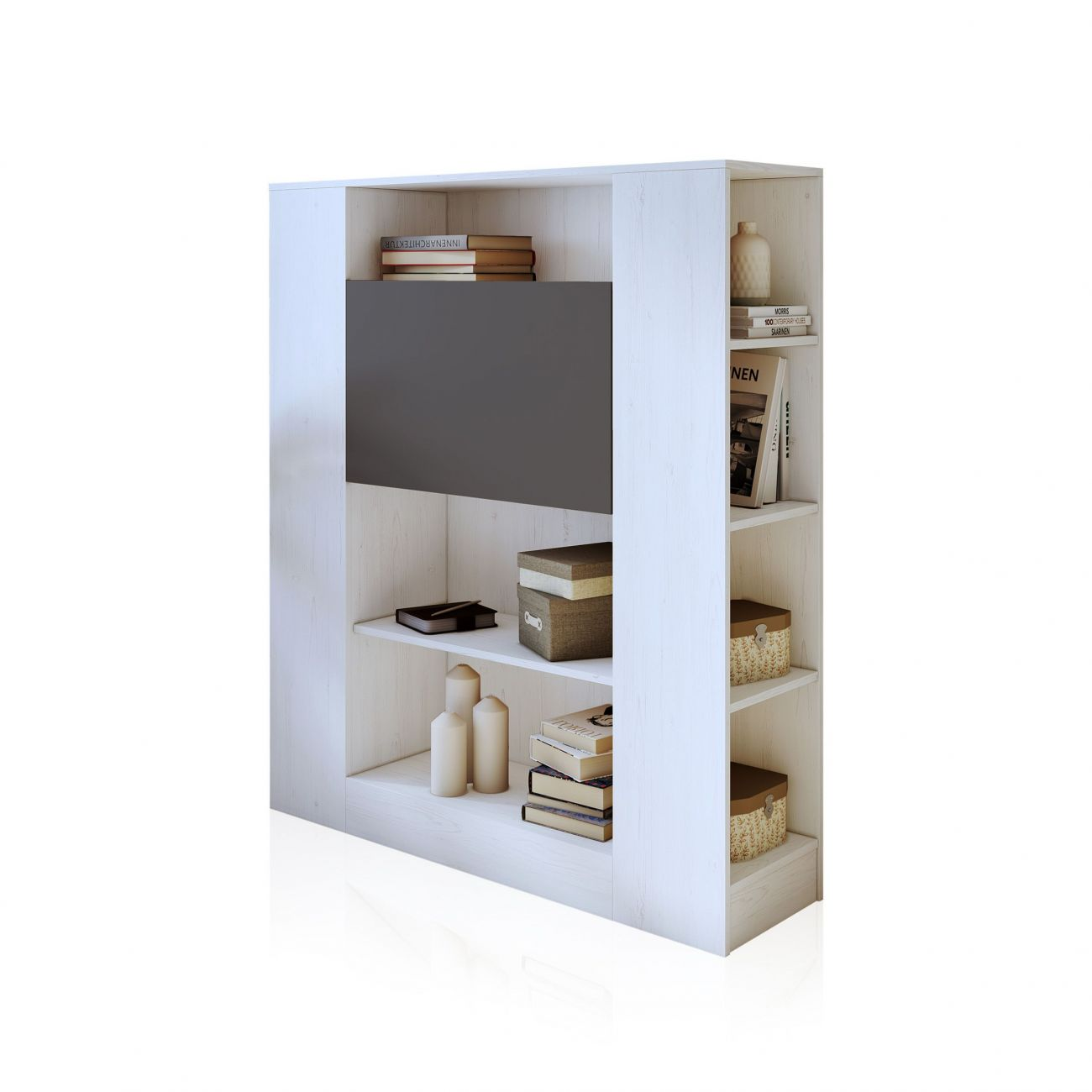 Una estantería blanca con libros, jarrones y cajas.