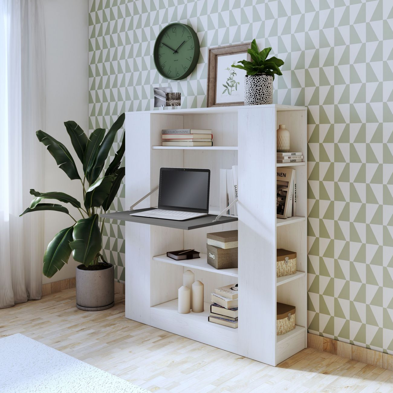 Un estante blanco con escritorio abierto, portátil, libros y plantas.
