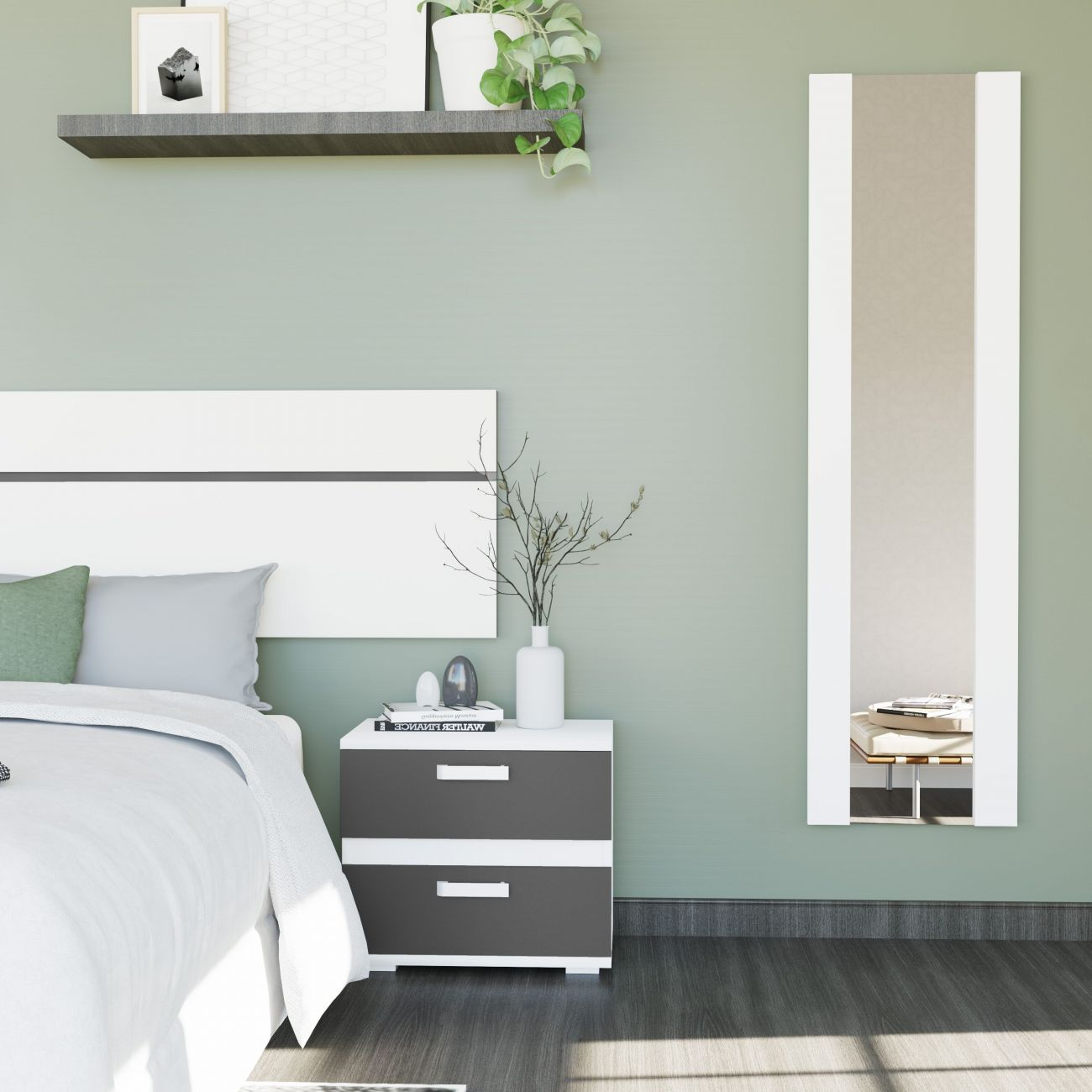 Un dormitorio con cama blanca, mesita de noche, espejo y estante.