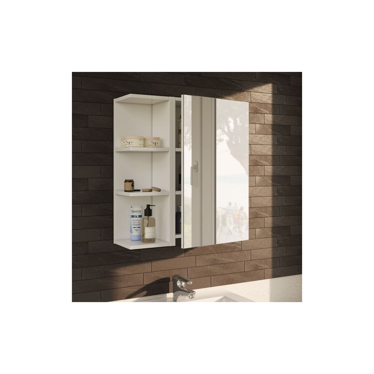Un mueble blanco con espejo sobre un lavabo contra una pared de ladrillos oscuros.