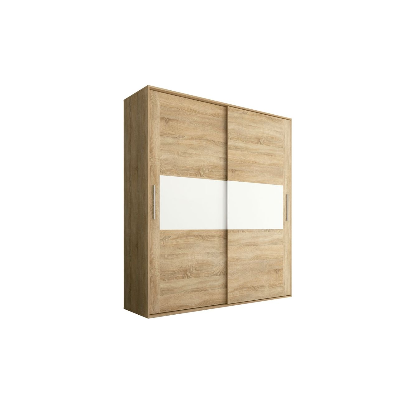 Armario de madera con detalles blancos y puertas correderas.