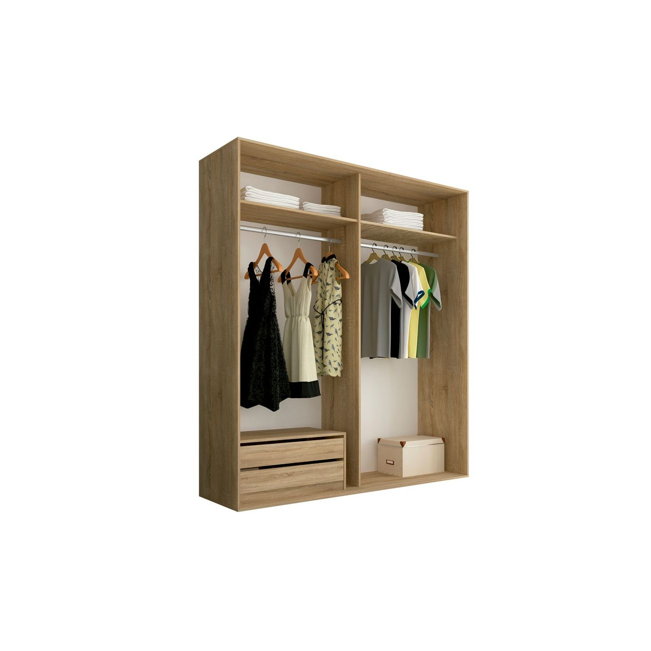 Un armario de madera con dos compartimentos. Vestidos y camisetas cuelgan de perchas.