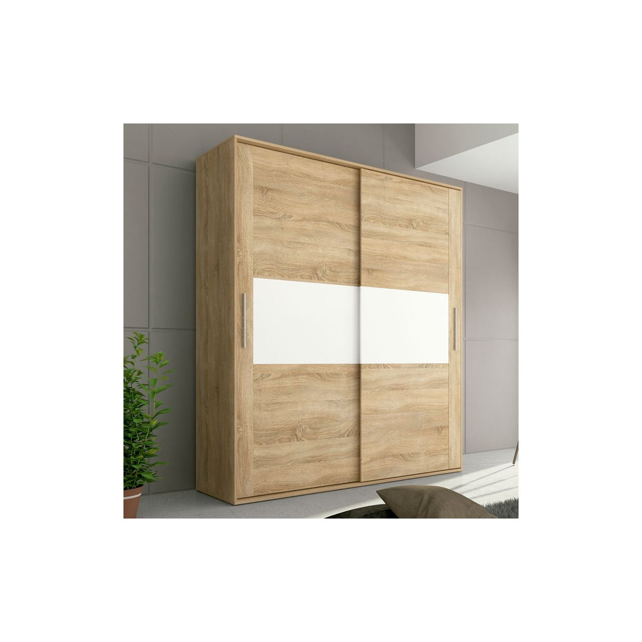 Un armario de madera con dos franjas blancas y puertas correderas.