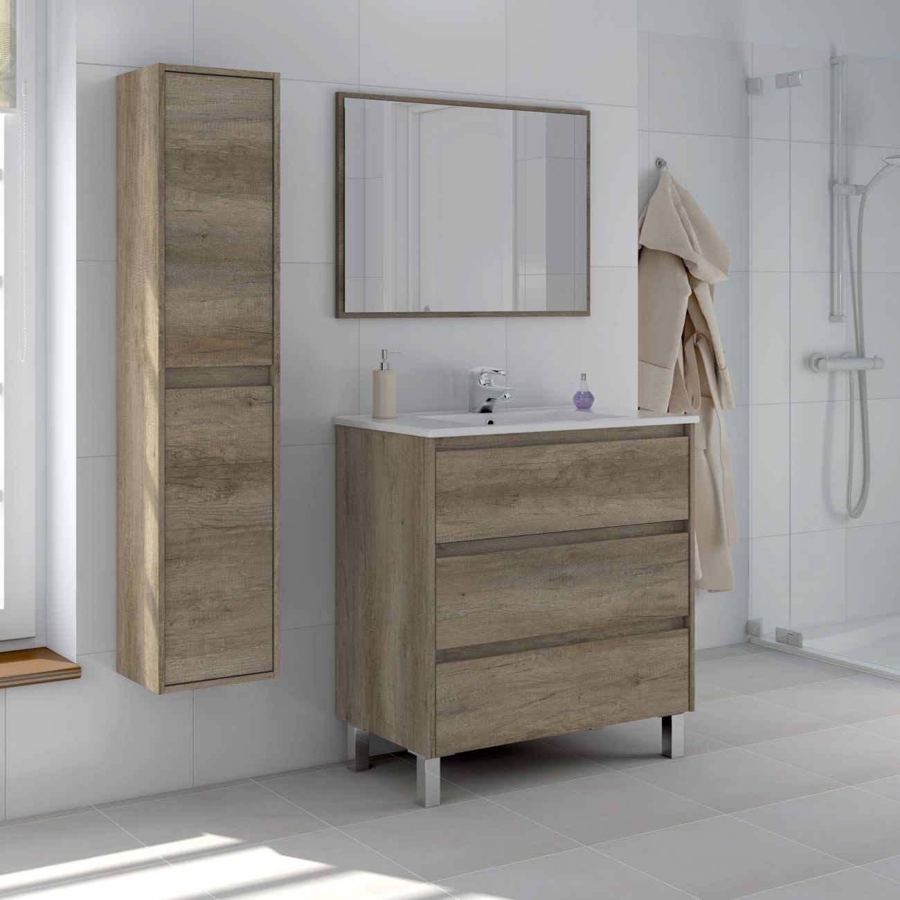 Baño con tocador, espejo, armario y cabina de ducha.