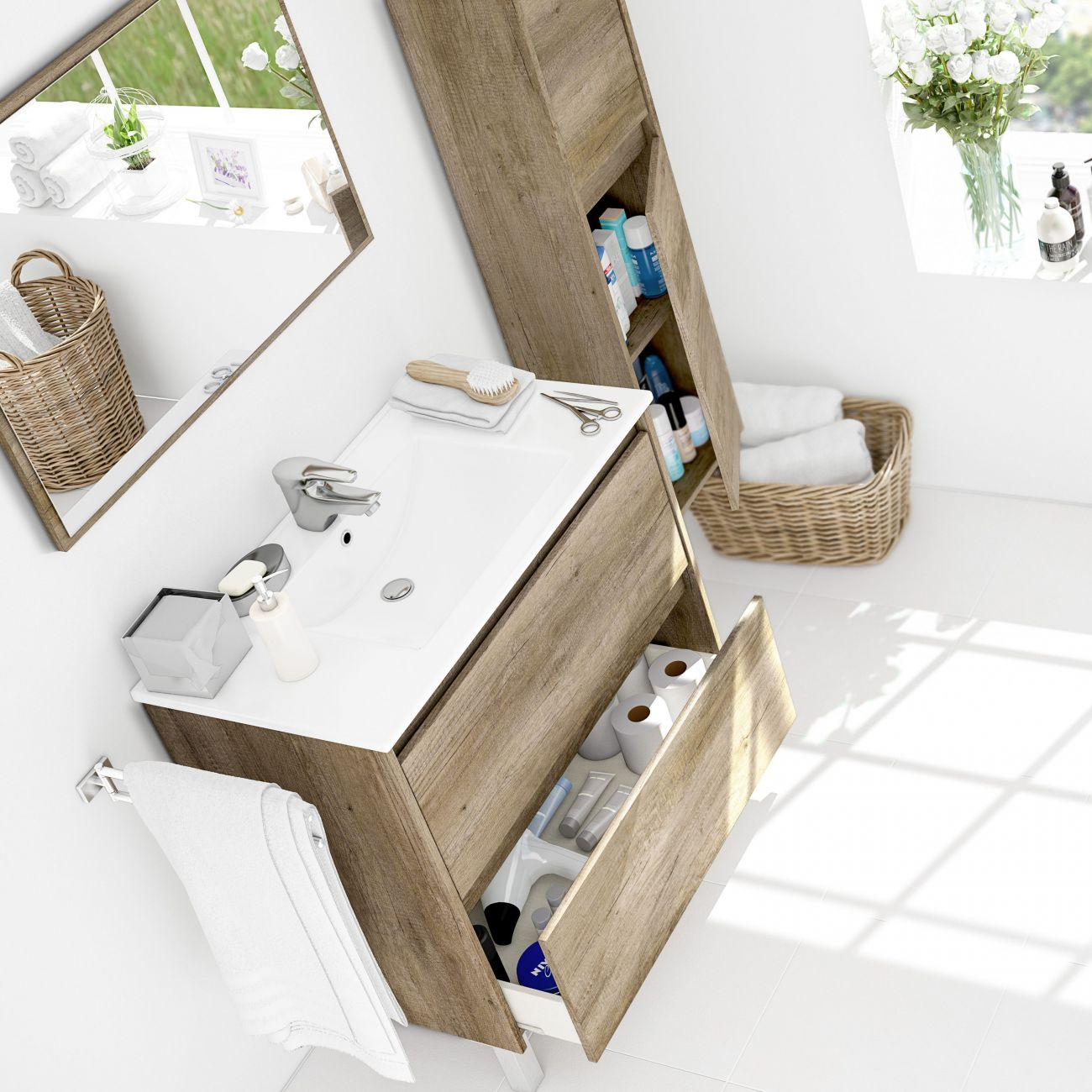 Un mueble de baño de madera con un cajón abierto lleno de artículos de tocador.
