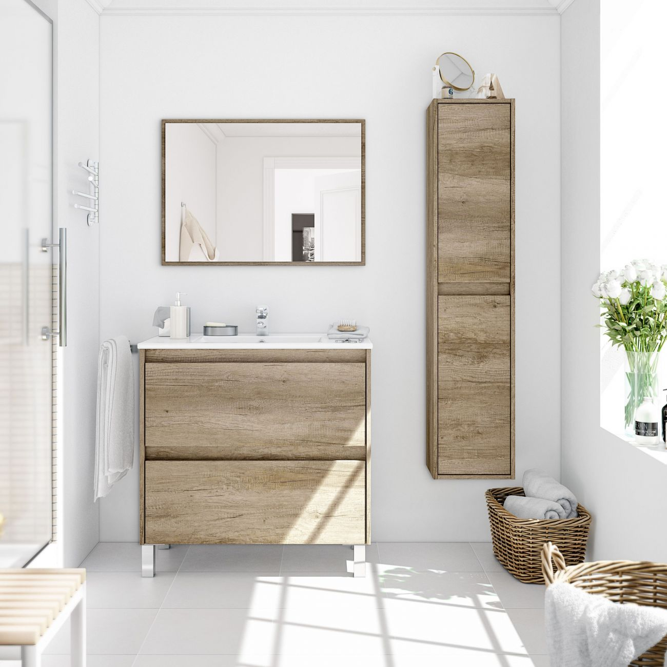 Un baño moderno con tocadores de madera, espejo, lavabo y zona de ducha.