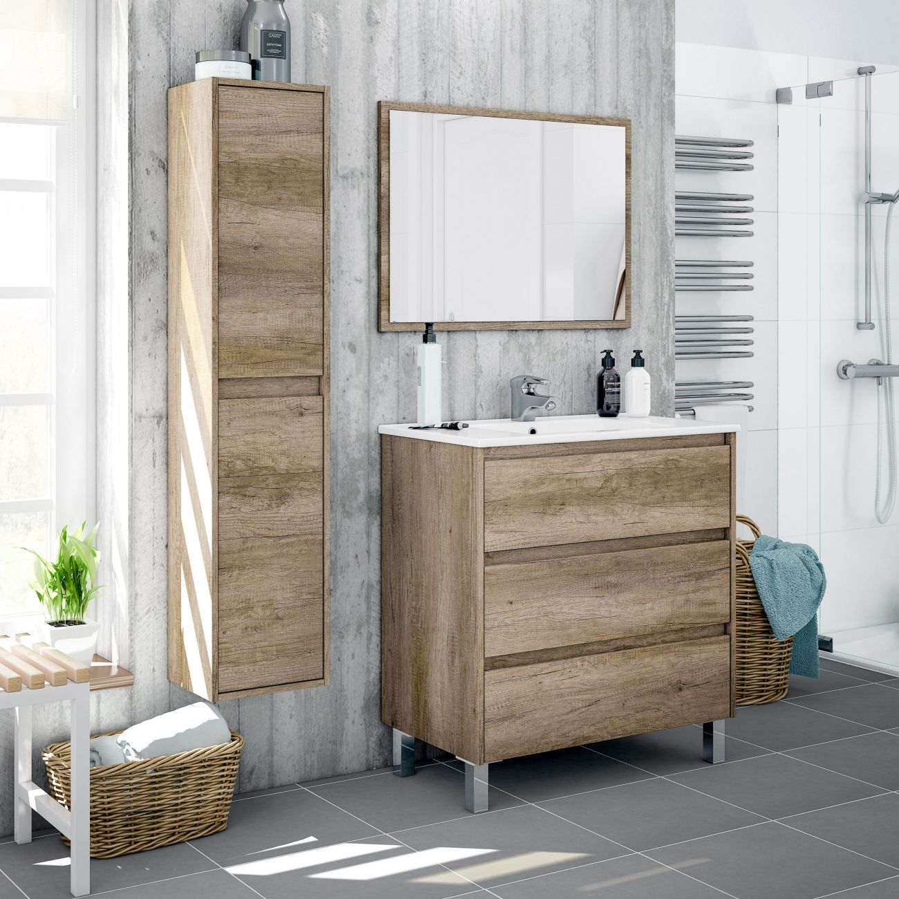 Baño moderno con mueble de madera, lavabo, espejo, armario alto y ducha.