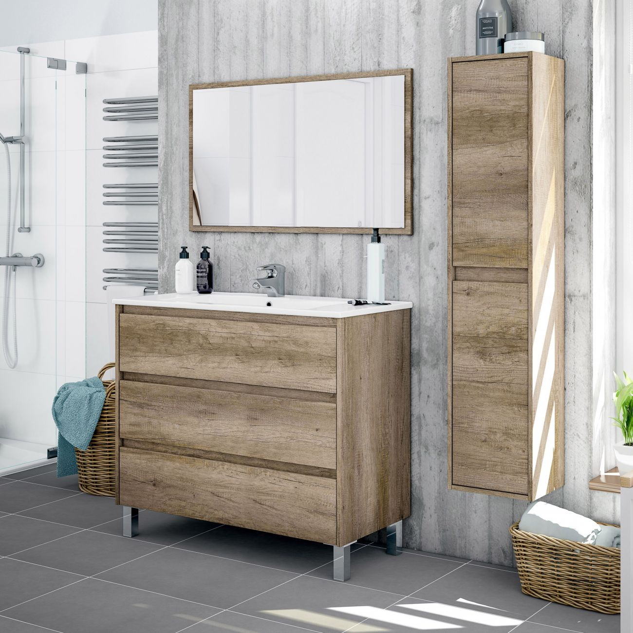 Un baño moderno con tocador de madera, espejo, lavabo y zona de ducha.