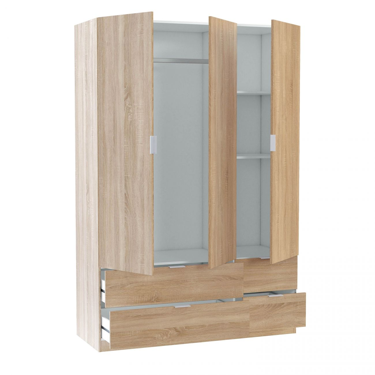 Un armario de madera clara con cuatro puertas y tres cajones.