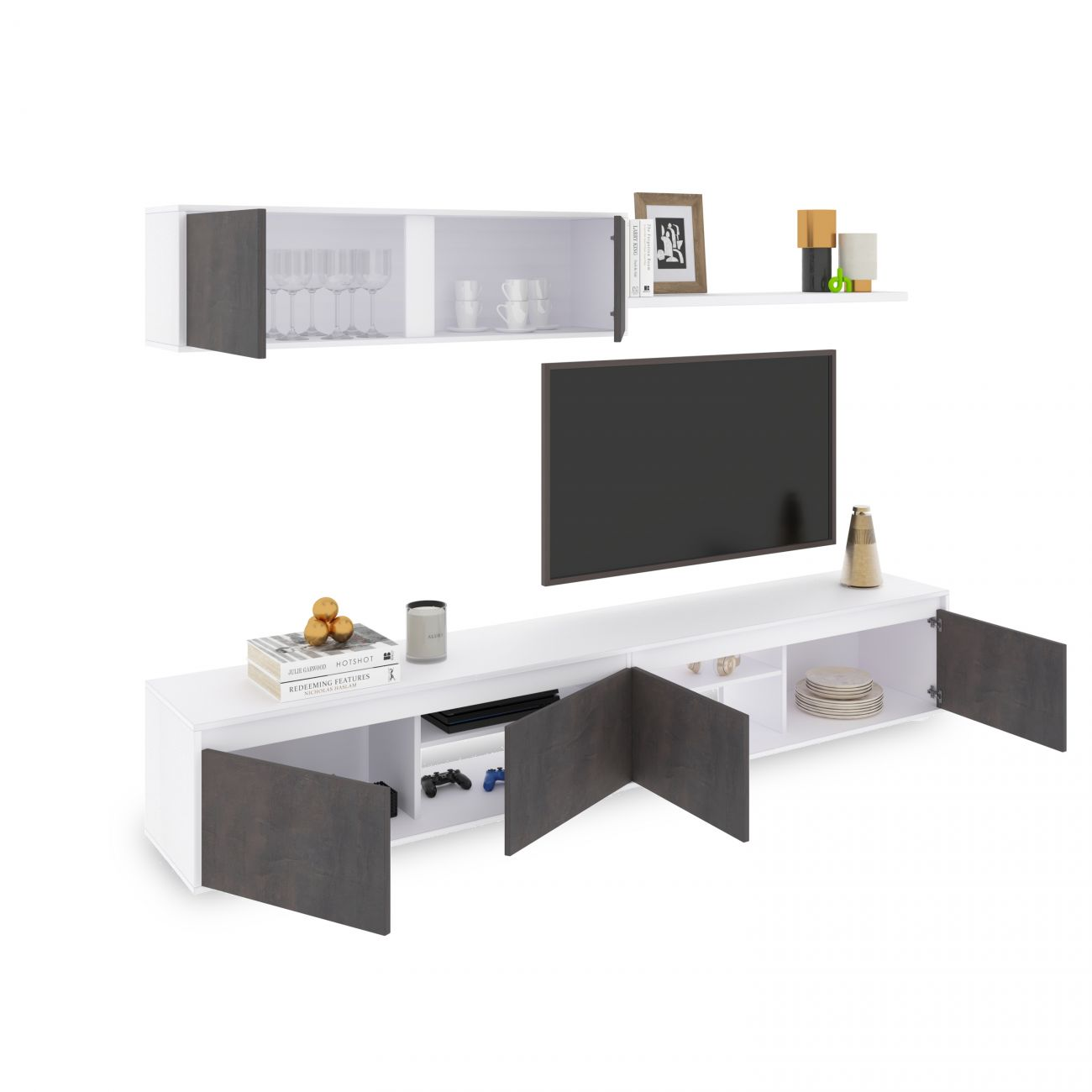 Un mueble de TV blanco con puertas oscuras, estante decorativo arriba y TV.