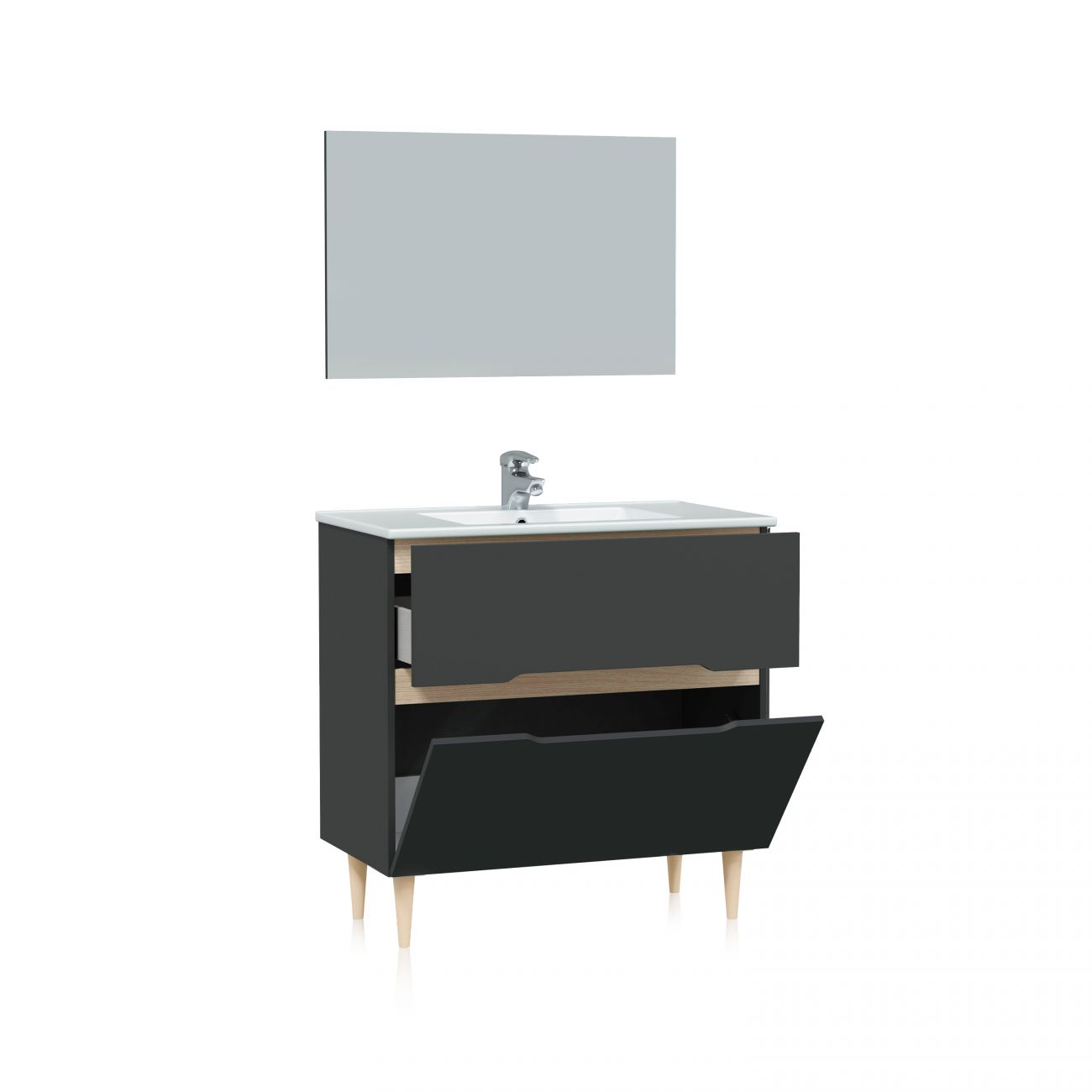 Un mueble de baño moderno oscuro con patas de madera y espejo encima.