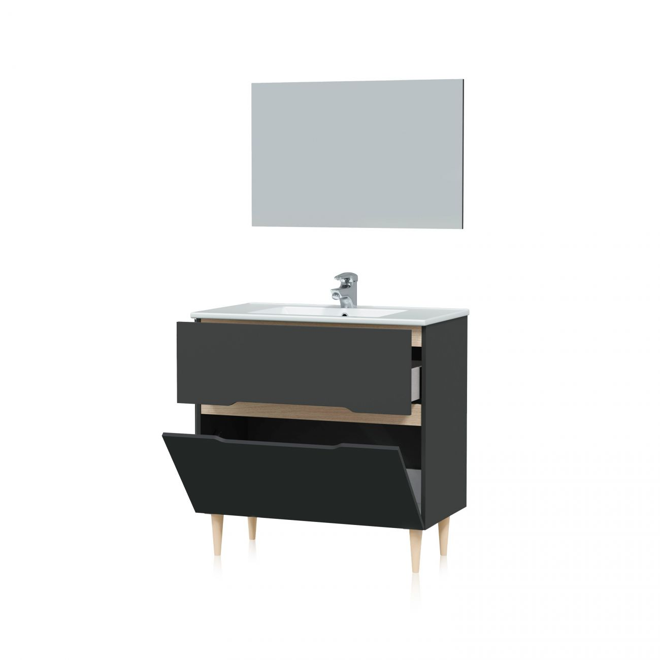 Un mueble de baño oscuro con dos cajones, un lavabo y un espejo encima.