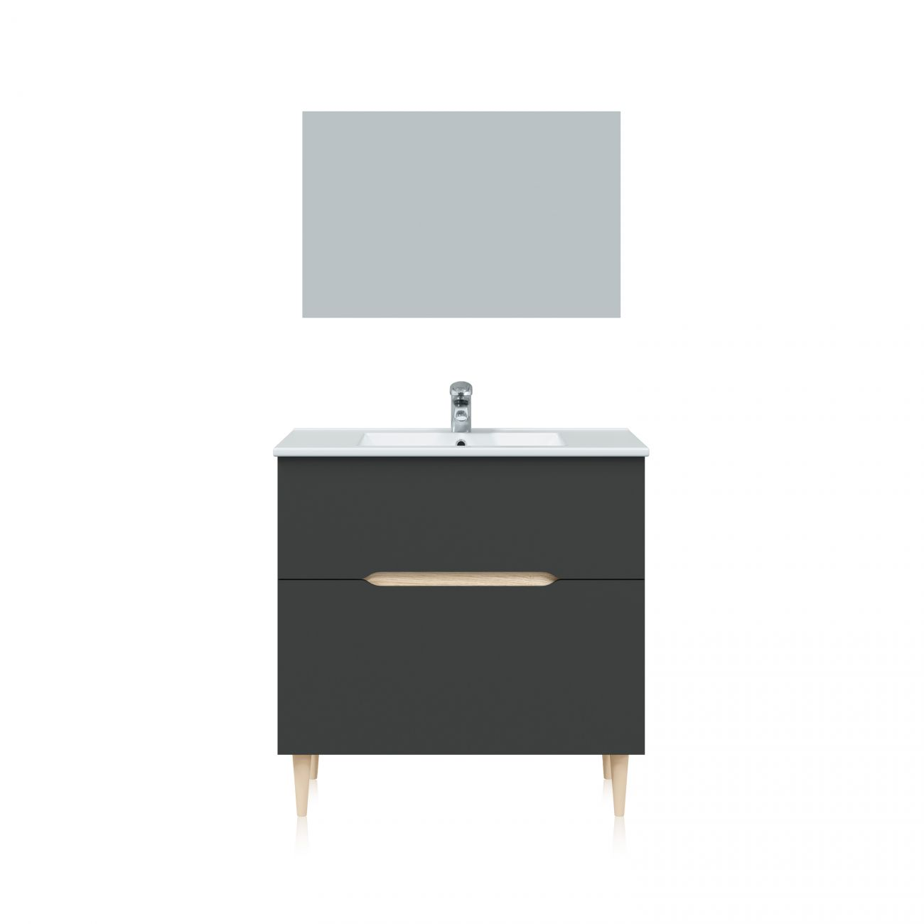 Un mueble de baño oscuro con lavabo, grifo y espejo.