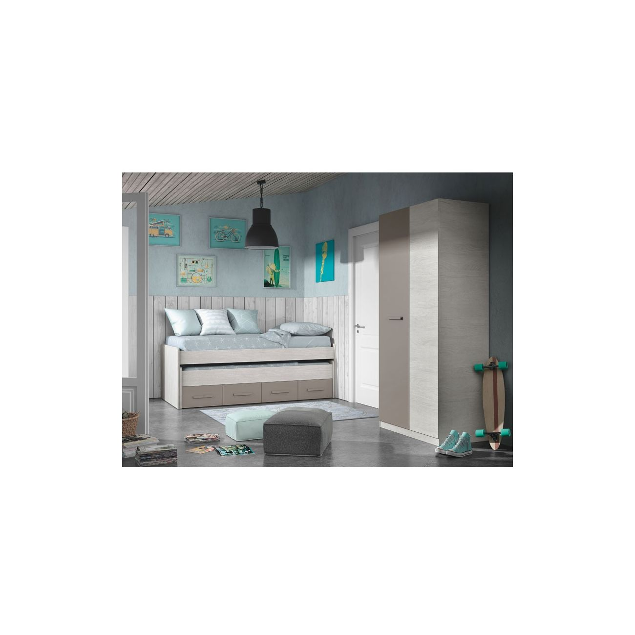 Dormitorio juvenil con cama nido, armario, monopatín y zapatillas.
