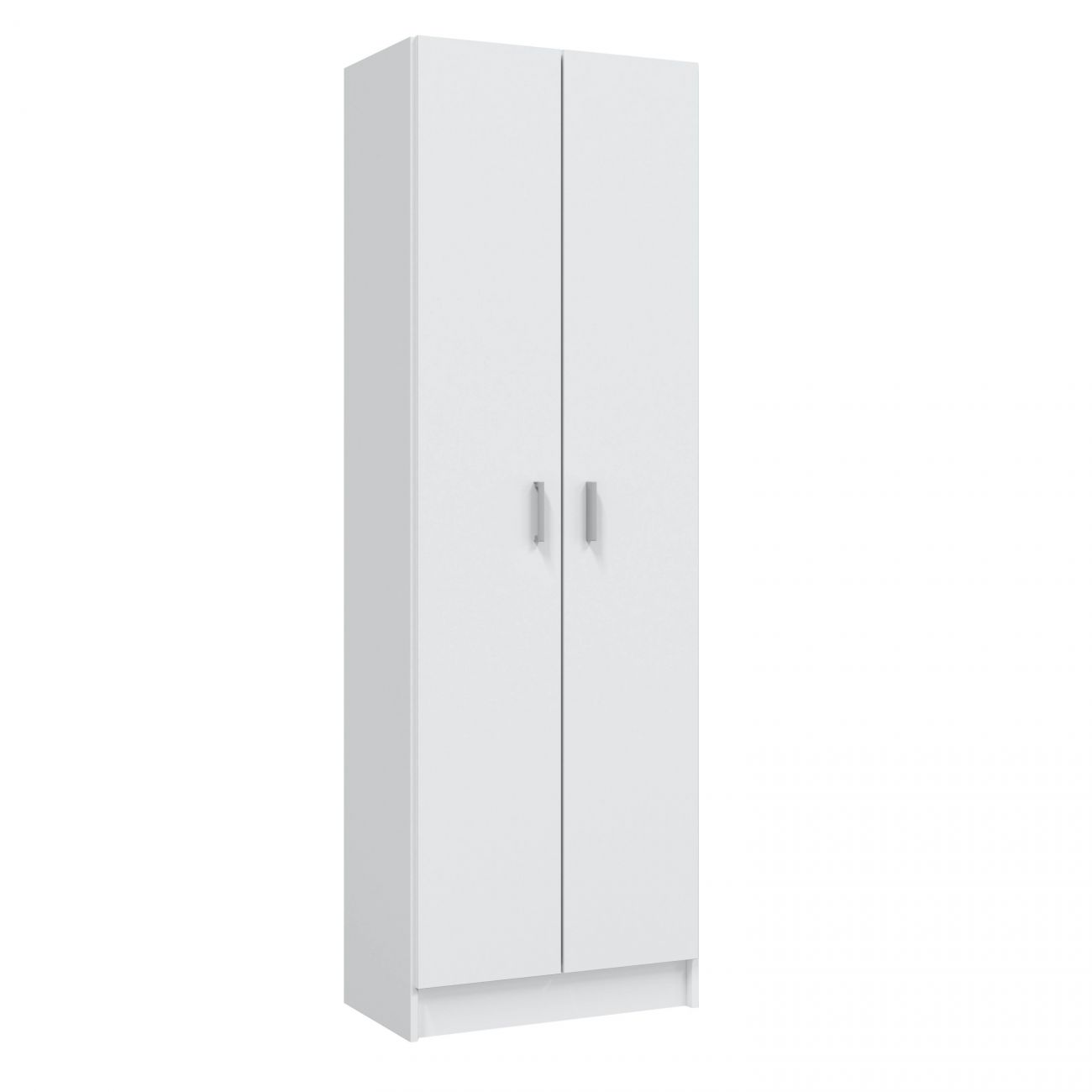 Un armario blanco alto y estrecho con dos puertas y tiradores plateados.