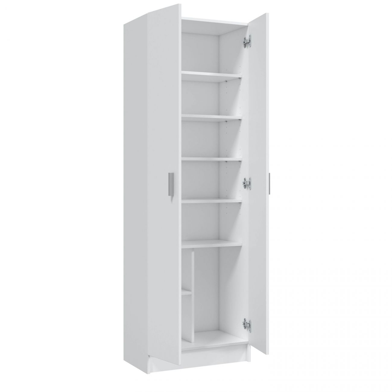 Un armario alto y blanco con puertas abiertas y varios estantes.