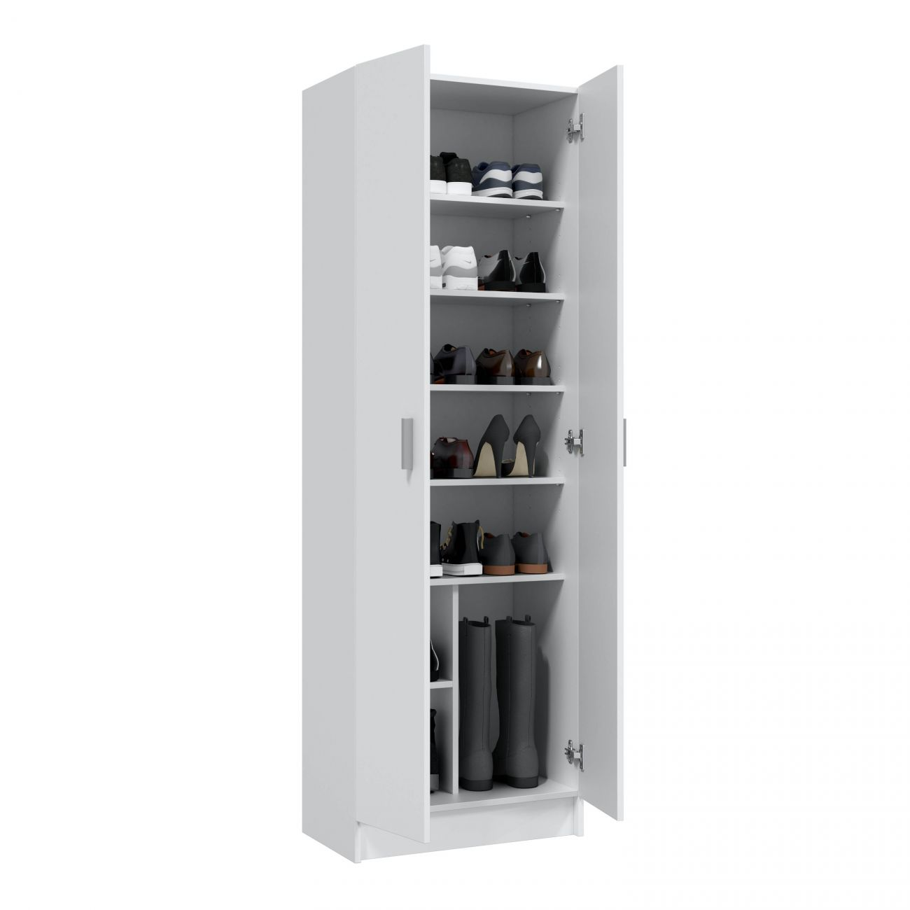Un zapatero blanco alto con puertas abiertas, mostrando zapatos en varios estantes.