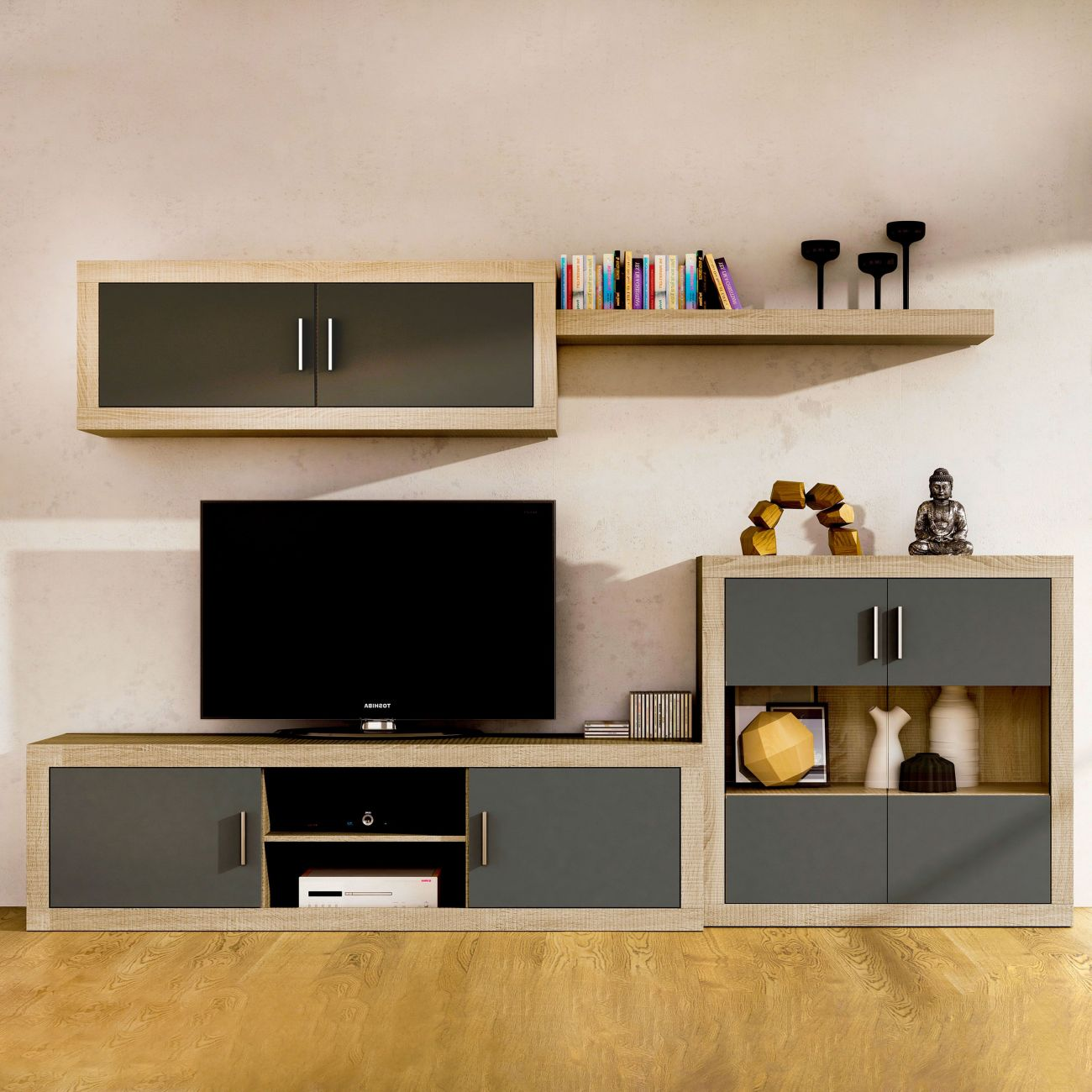 Mueble de salón moderno con TV, estantes y armarios en gris y acabado madera.