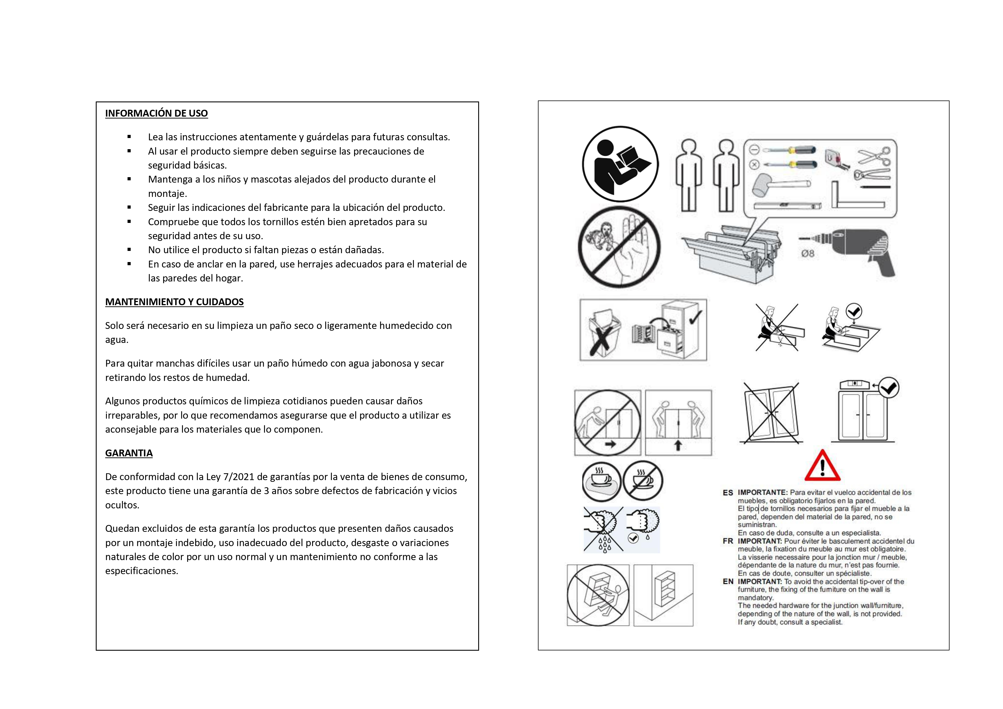 Instrucciones con consejos de seguridad, mantenimiento y garantía.