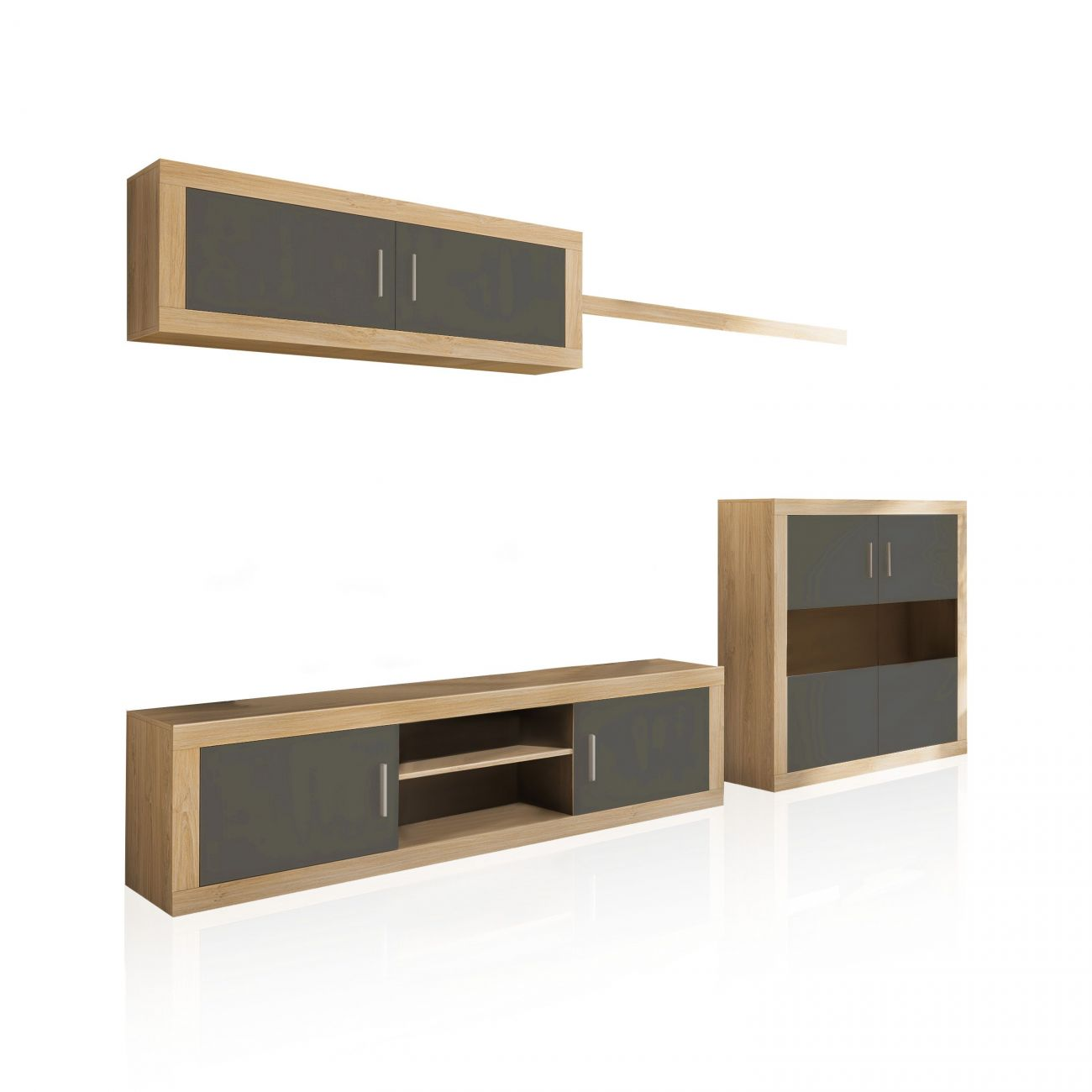 Un armario de pared, un mueble bajo largo y un mueble alto.