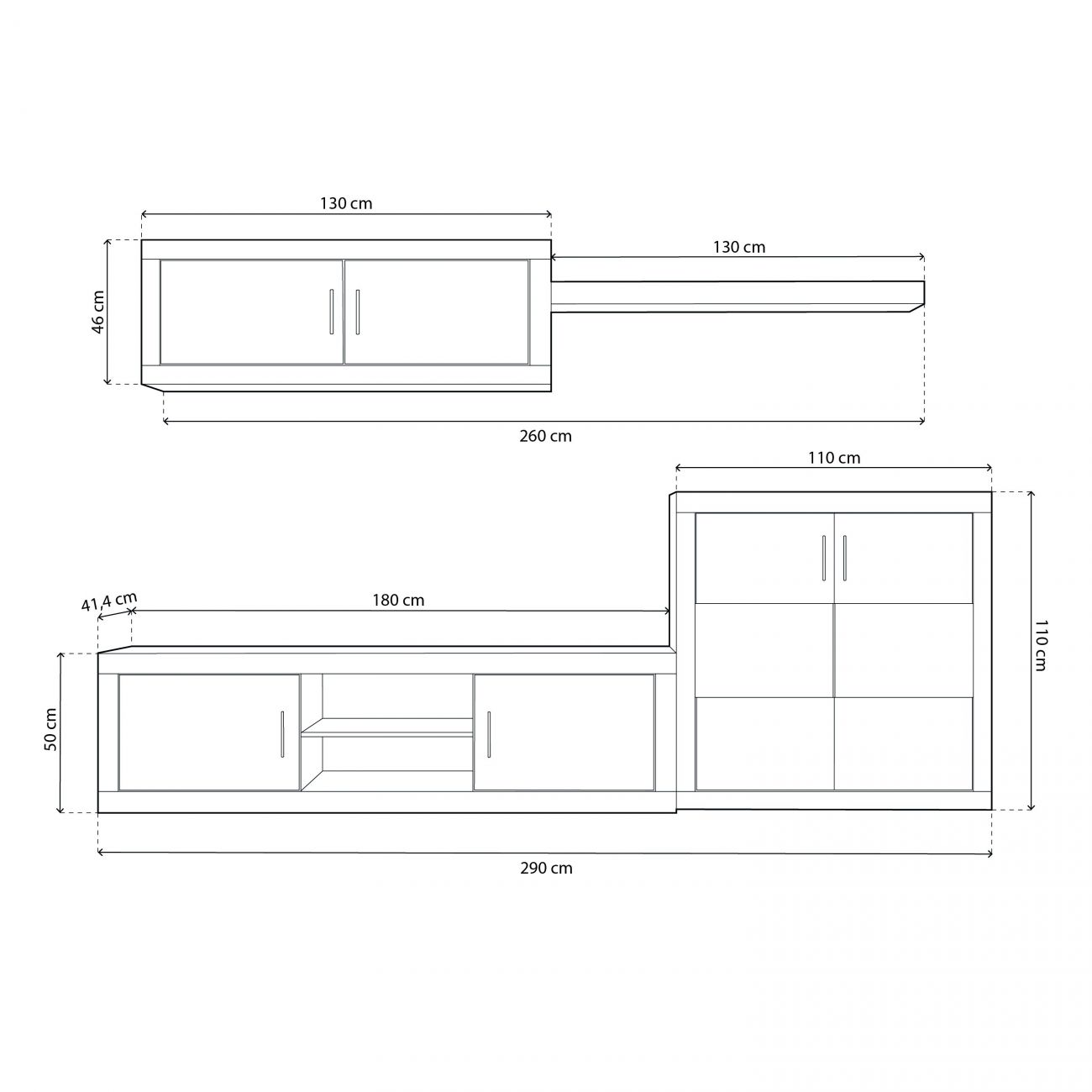 Dibujo técnico de un mueble de dos piezas con medidas.