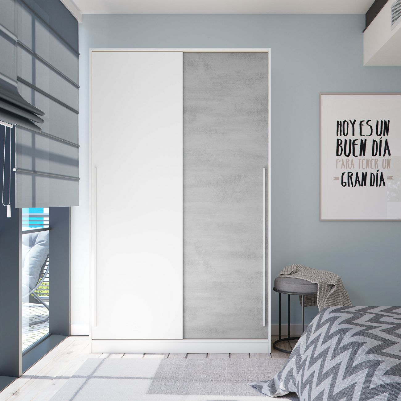 Un armario moderno de dormitorio con puertas blancas y grises.