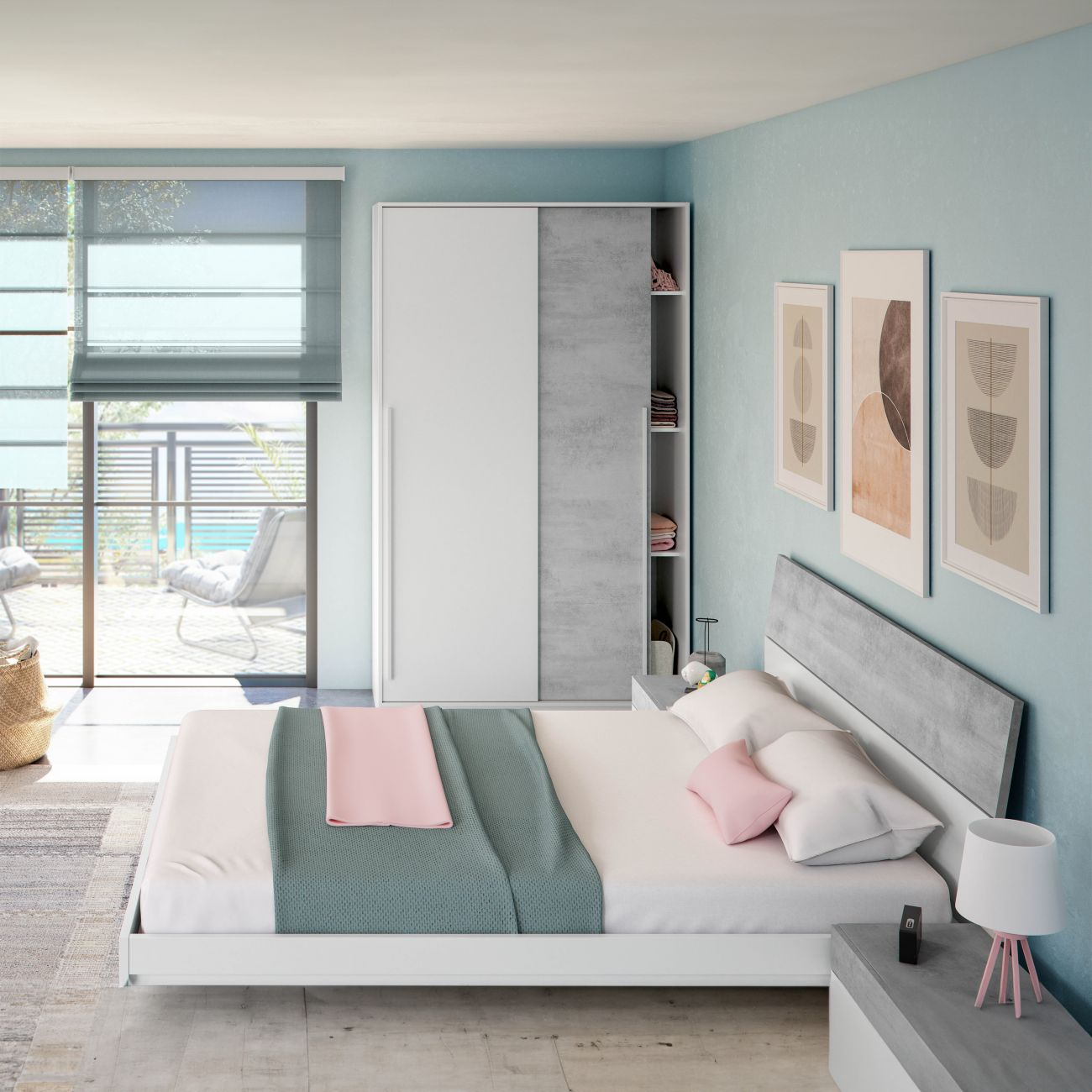 Un dormitorio moderno con cama blanca, dos almohadas, mantas y armario.
