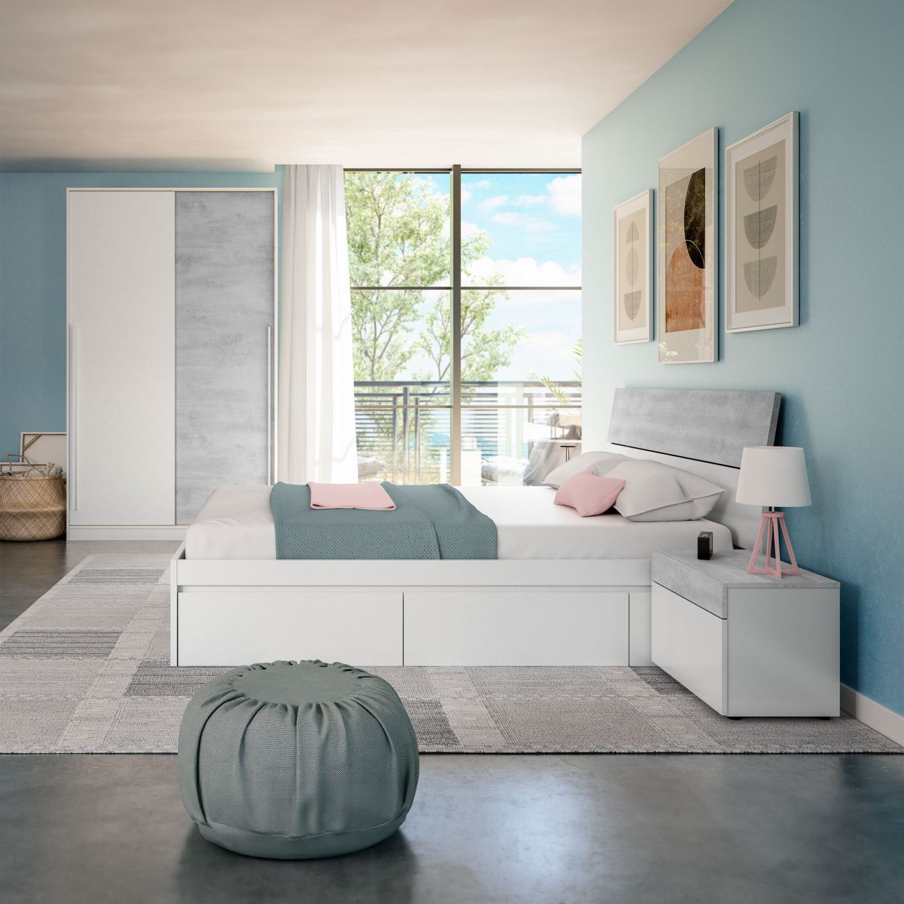 Dormitorio moderno con ventana grande, cama, mesita de noche y armario.
