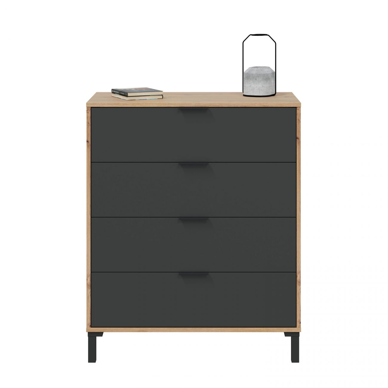 Cómoda oscura de cuatro cajones con tapa de madera, decorada con libros y una lámpara.