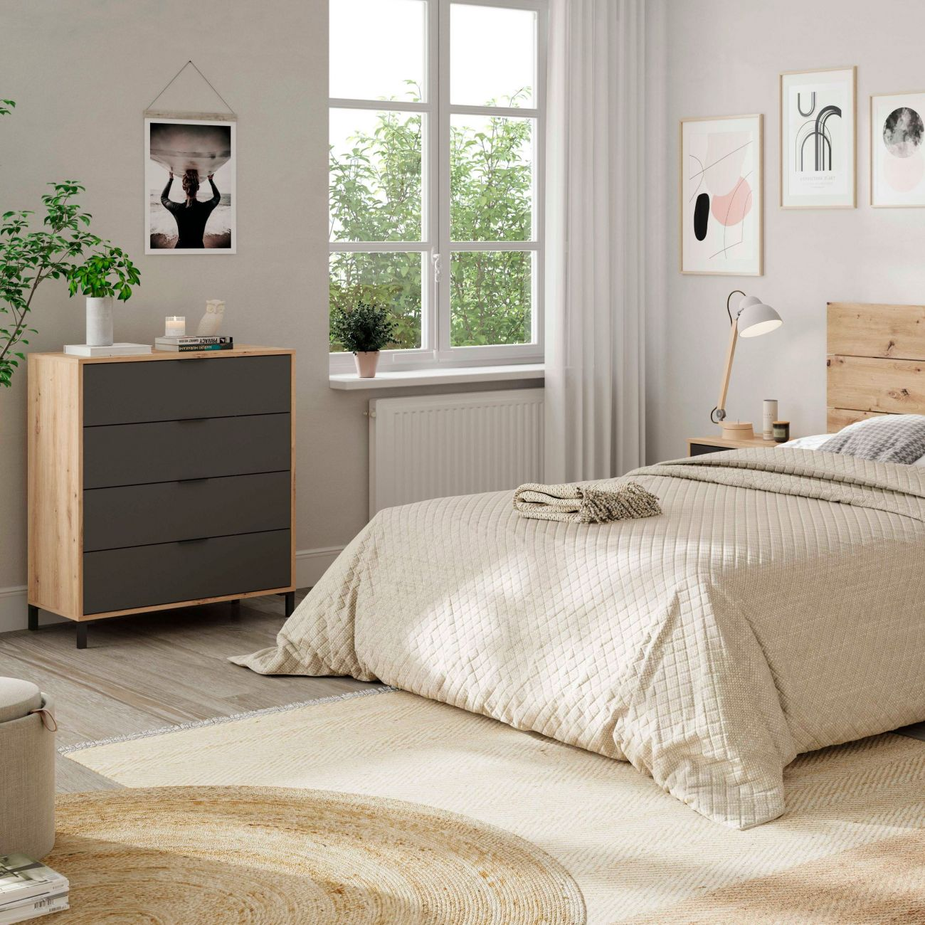 Un dormitorio con cama, cómoda, ventana y arte en la pared.