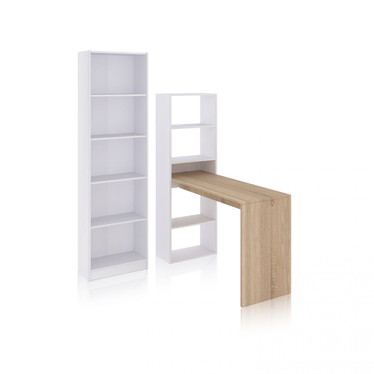 Dos estanterías blancas, una con un escritorio de madera que sobresale.