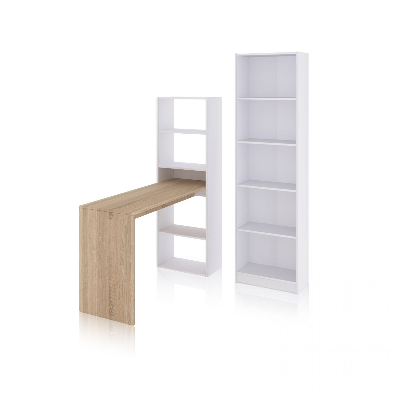Un estante blanco y un escritorio con tapa de madera sobre fondo blanco.